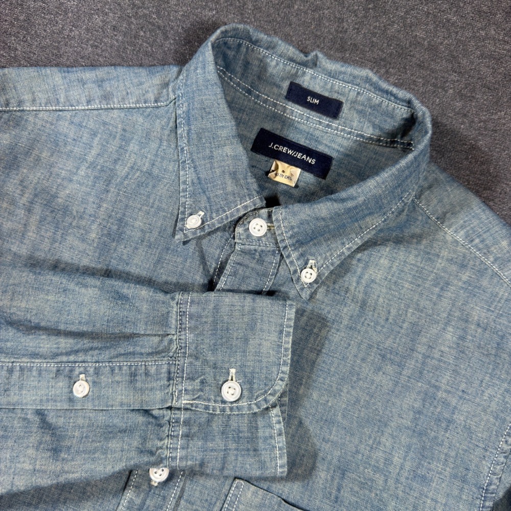 J.Crew Button Down Shirt Mens Small Blue Slim Fit Chambray Denim Cotton Casual